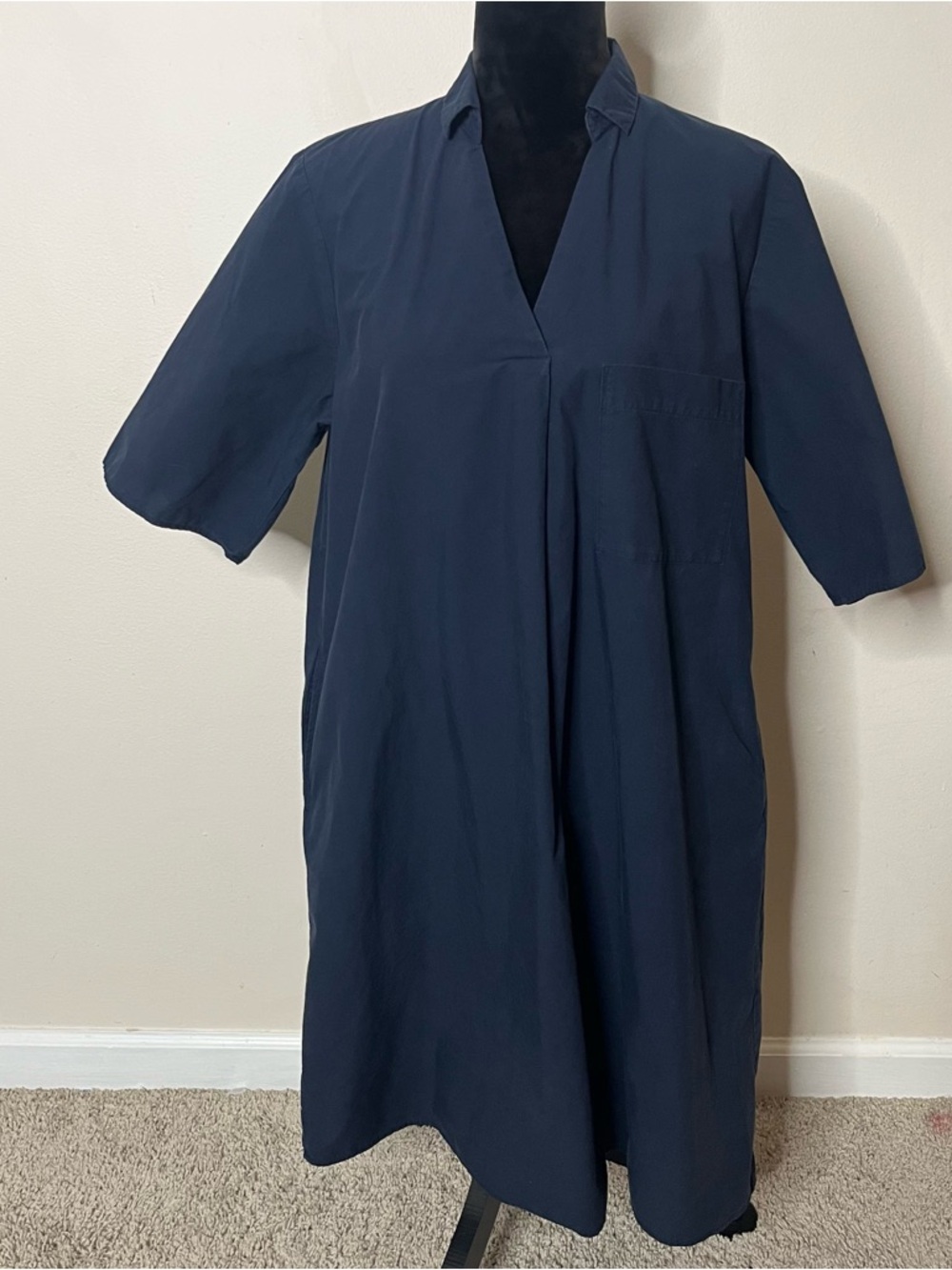 Uniqlo Women’s Navy Collared V~Neck Short Sleeve A~Line‎ Cotton Shift Dress Sz M